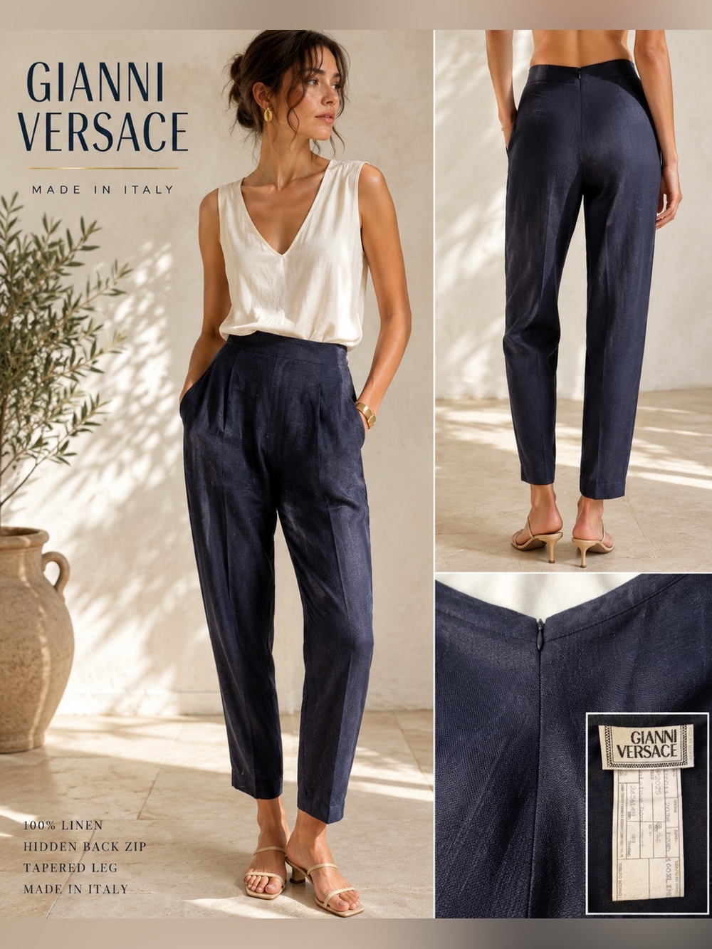 Vintage Gianni Versace Linen Trousers Navy High Waist Tapered Pants Italy Luxury